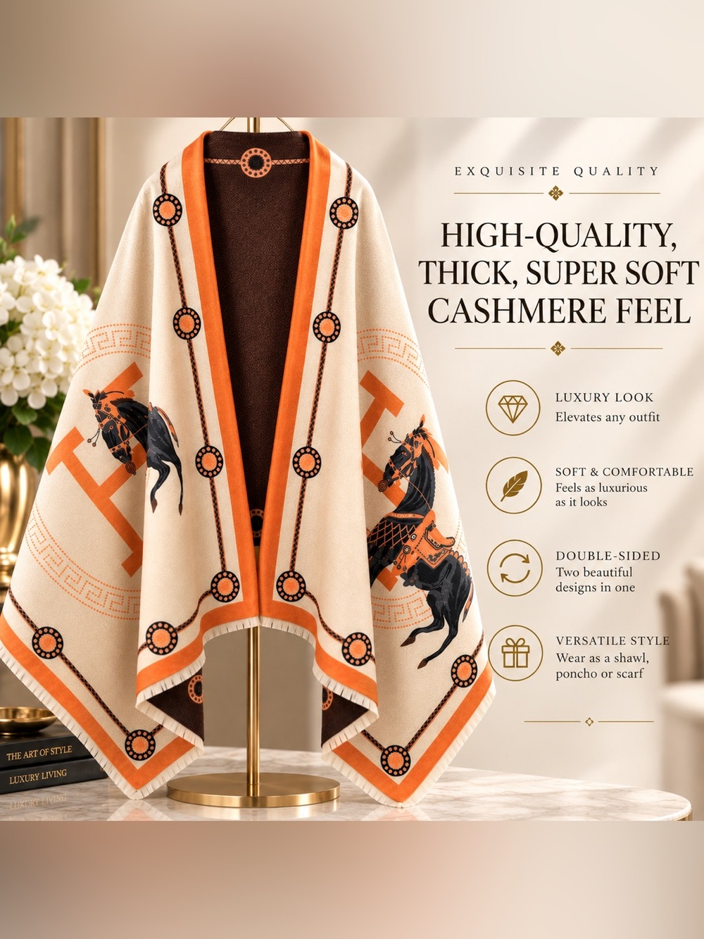 LUXURIOUS EQUESTRIAN PATTERN REVERSIBLE SHAWL / WRAP / PASHMINA CASHMERE MIX